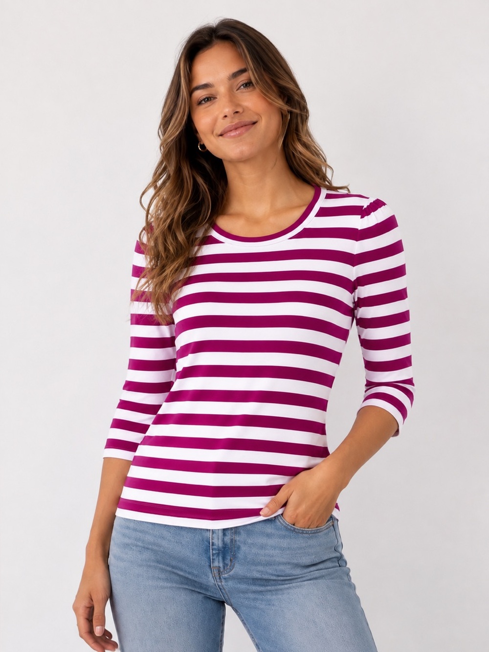 J. Crew Striped Puff-Sleeve 3/4 Sleeve Tee Fuchsia and White - Women’s Small